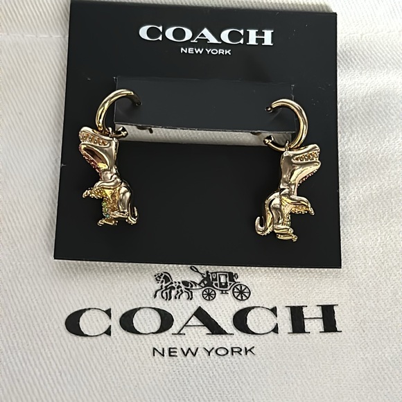 Coach Rexy Pavé Rexy Huggie Earrings Rainbow Crystal Gold Dangle Dinosaur Hoops - Picture 6 of 7